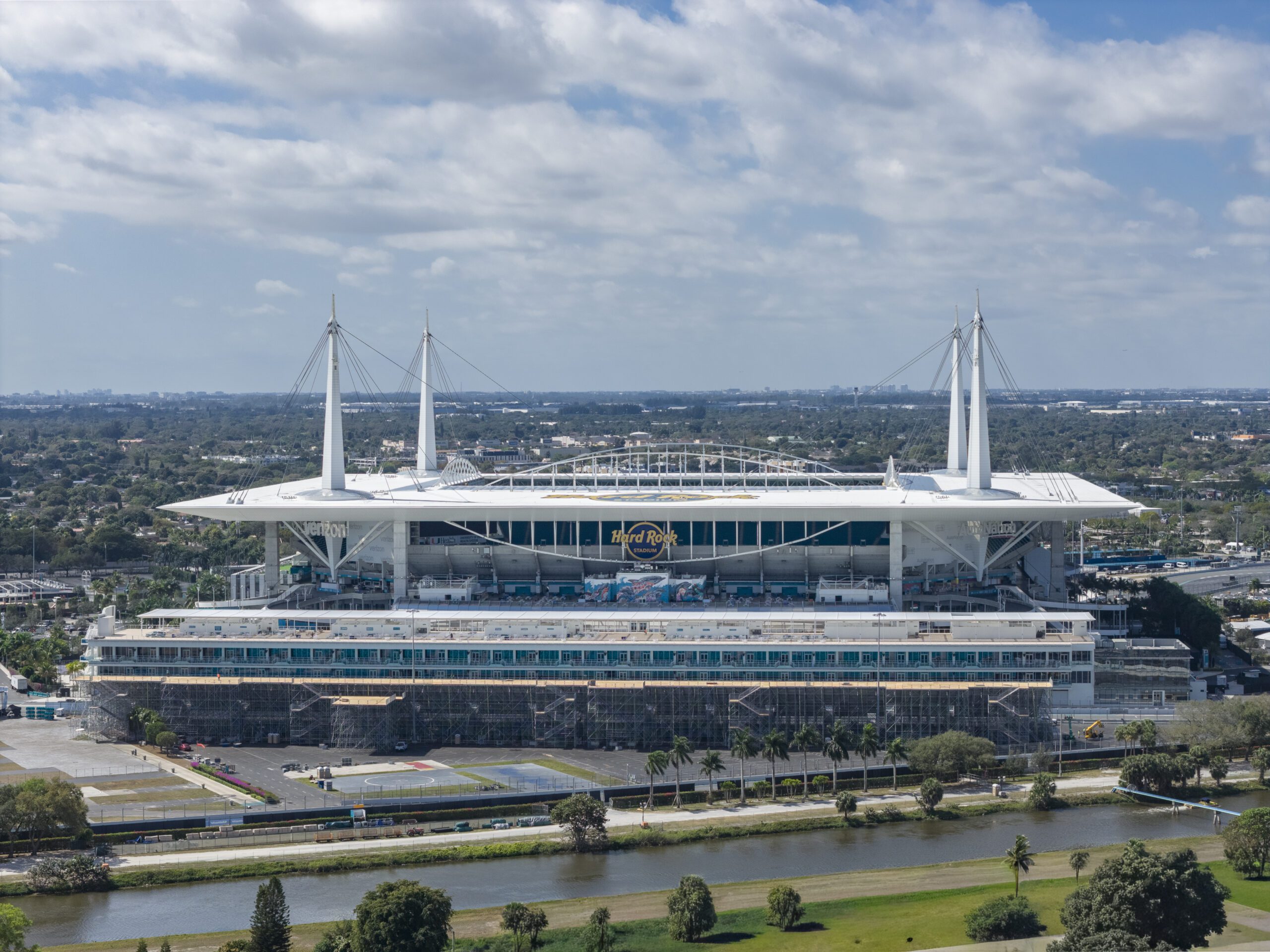 Hard Rock stadium Miami florida with distinctive architecture.
