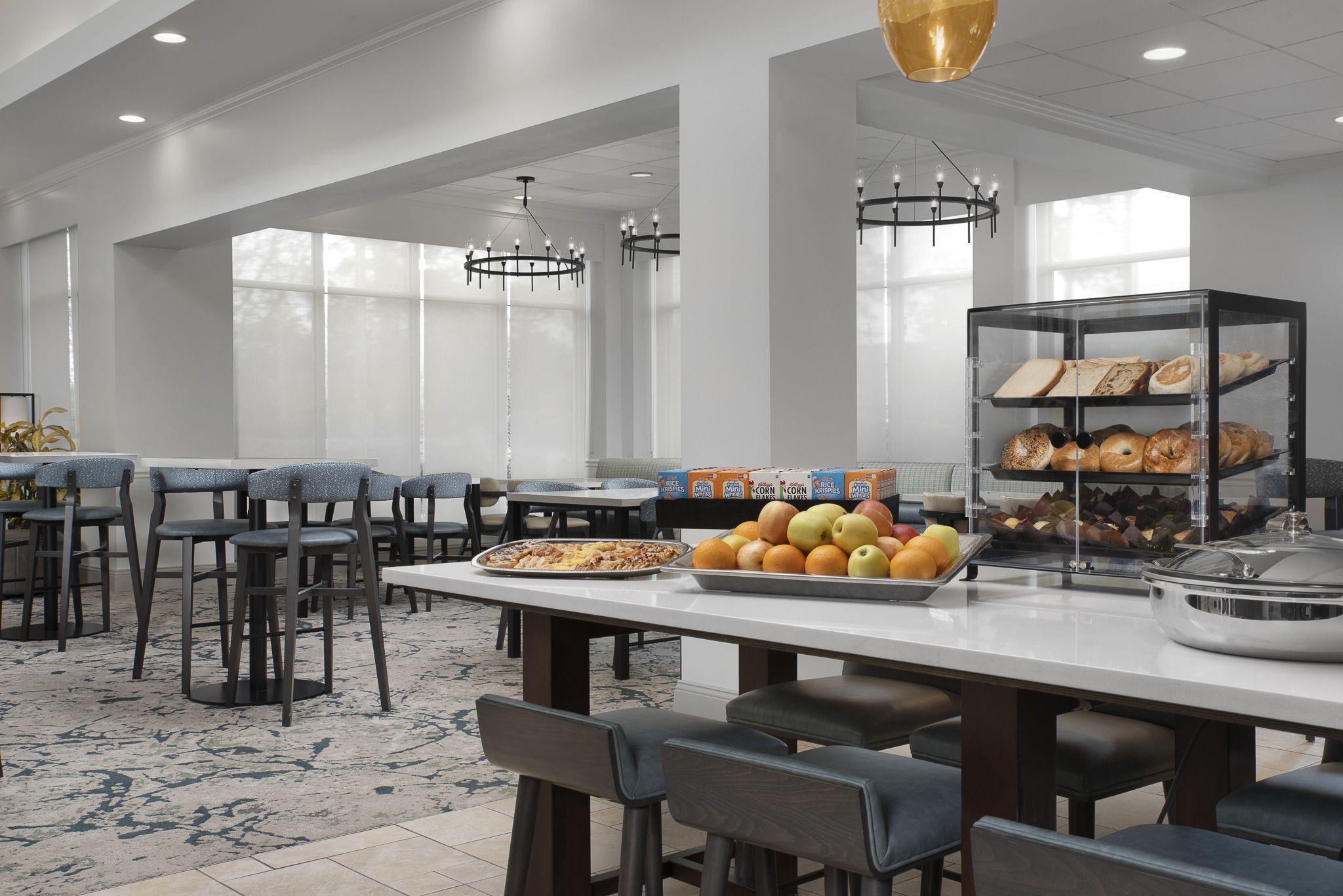 Modern hotel dining area with breakfast options